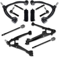 Front control arm set with ball joints, tie rods, and rubber boots; black steel parts