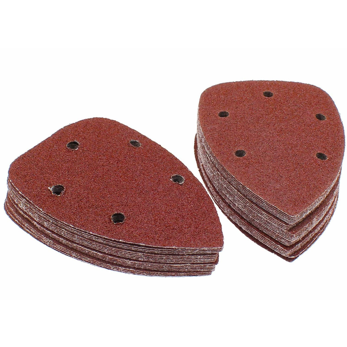 Stacked brown triangular hook-and-loop sanding sheets with dust holes