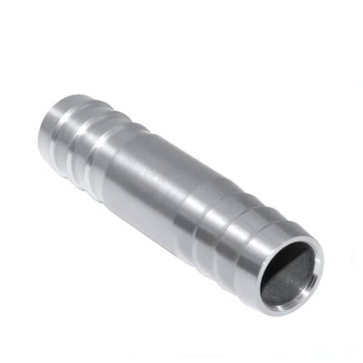 Stainless steel hose barb splicer union with ridged ends, round 1-inch fitting