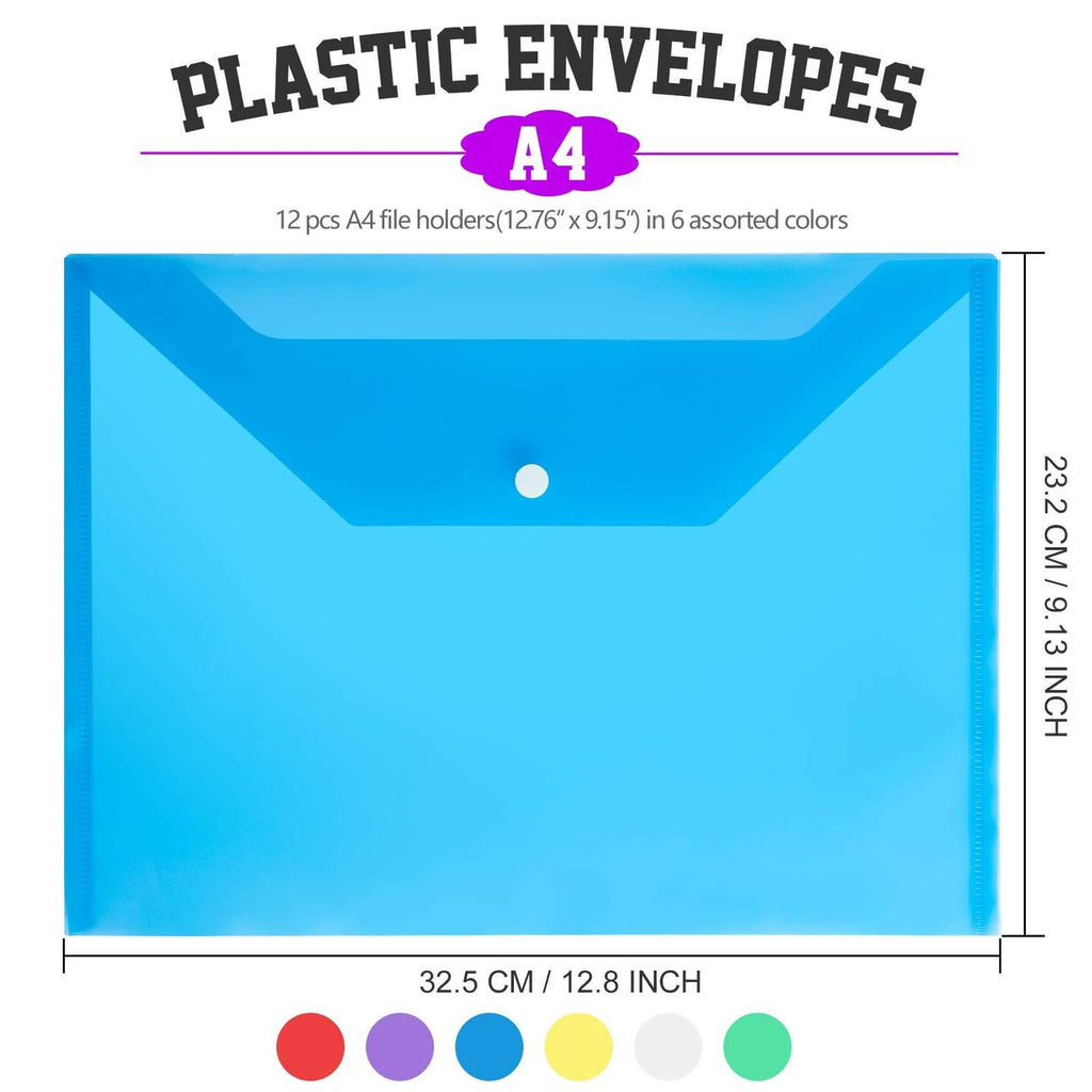 Blue A4 plastic envelope with snap closure, clear front and size layout