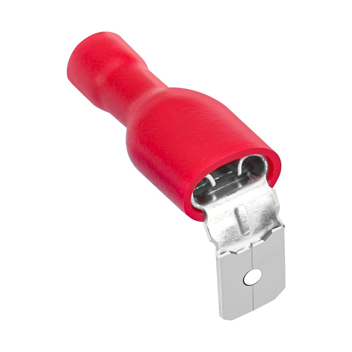 Red insulated spade terminal lug connector, crimp-ready metal eyelet
