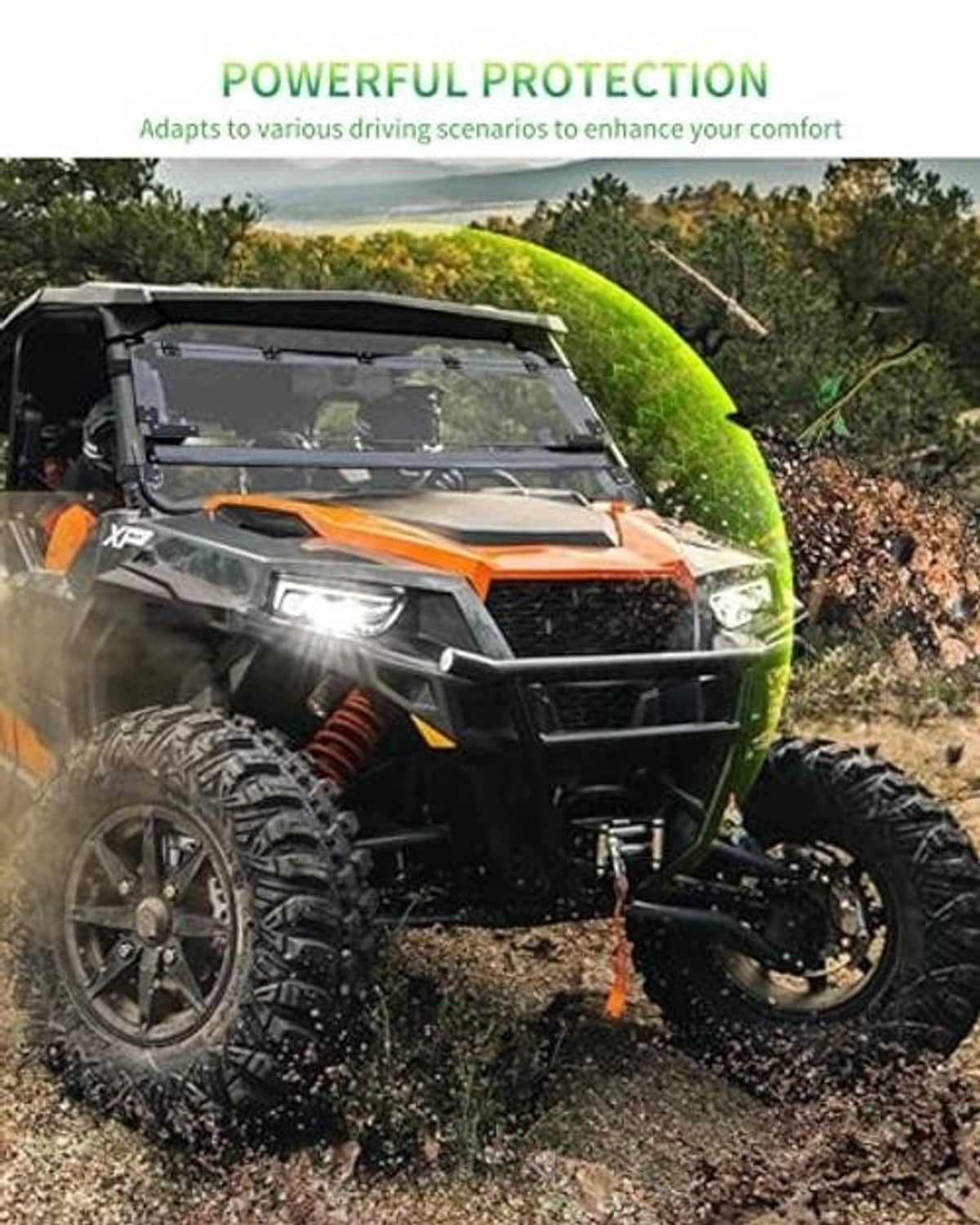 Clear windshield shield with black frame mounted on side-by-side UTV