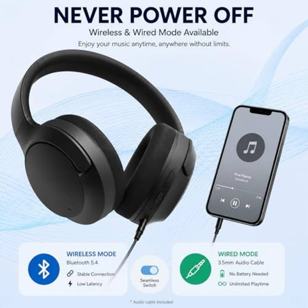 Black over-ear active noise cancelling headphones with connected audio cable