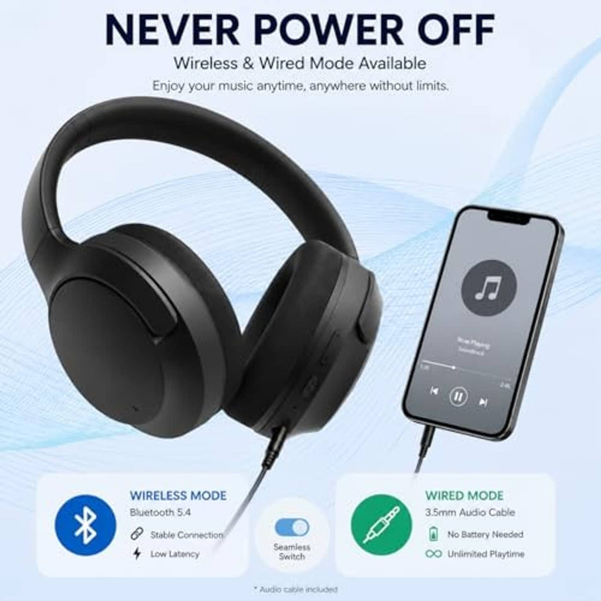 Black over-ear active noise cancelling headphones with connected audio cable