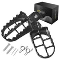 Black dirt bike foot pegs set with toothed platform and mounting hardware, plus box