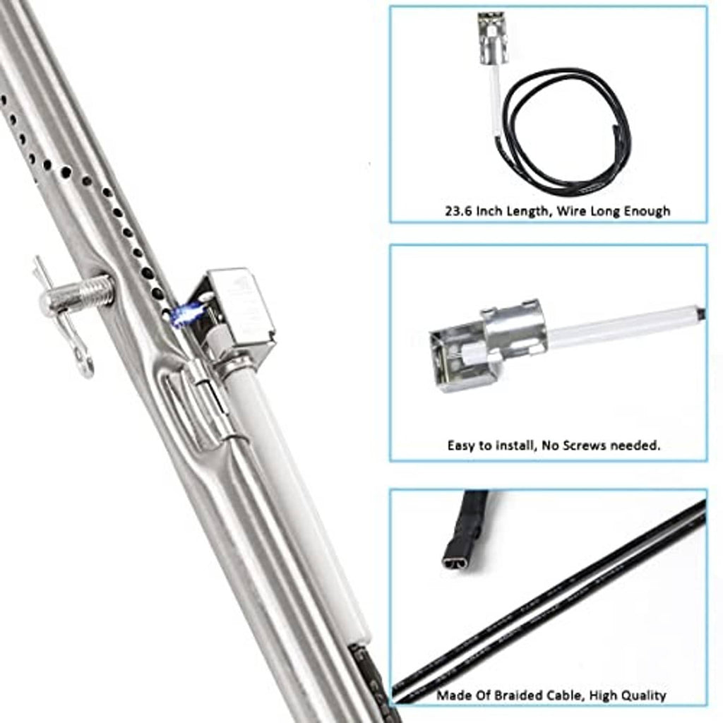 Stainless steel burner tube with braided ignition wire loop and connector clip