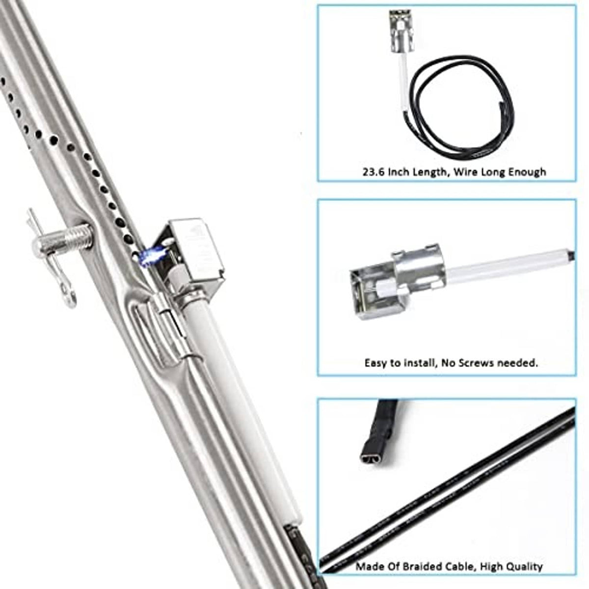 Stainless steel burner tube with braided ignition wire loop and connector clip