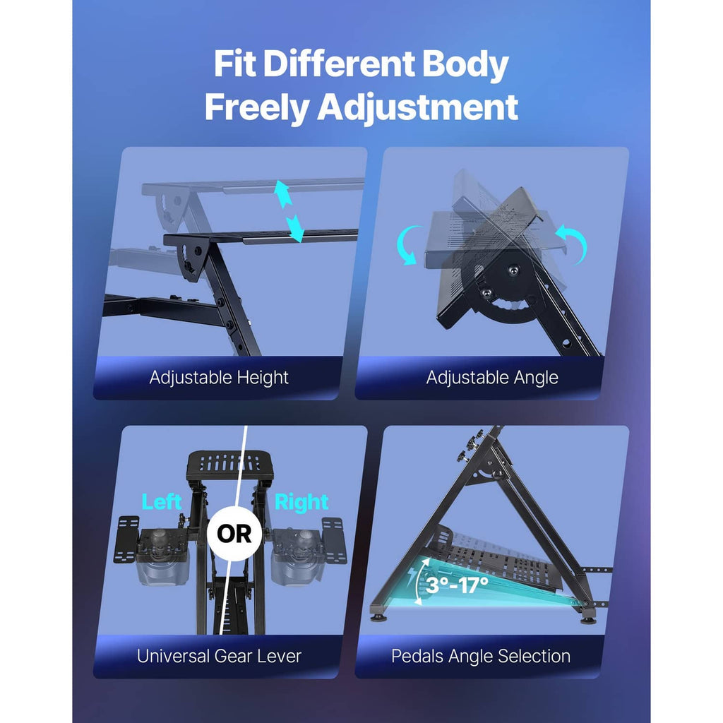 Adjustable racing wheel stand with height and angle settings for pedals