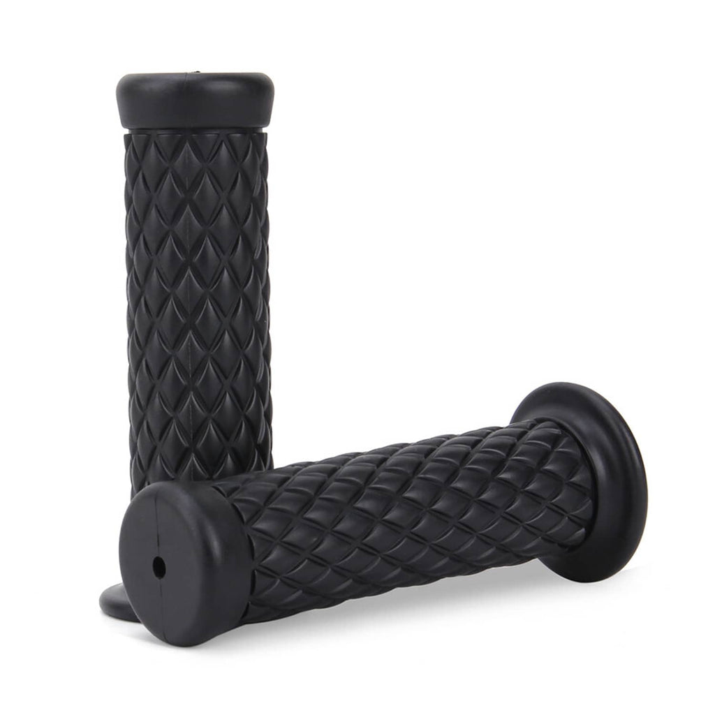 Pair of black motorcycle hand grips with diamond texture and mounting hole on end caps