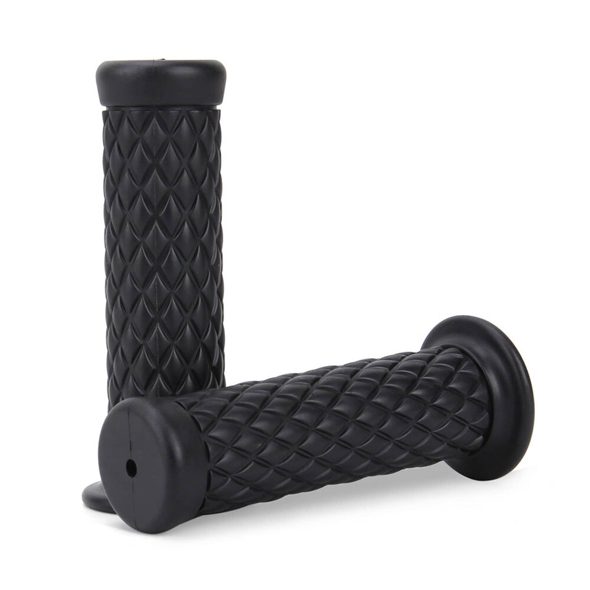 Pair of black motorcycle hand grips with diamond texture and mounting hole on end caps
