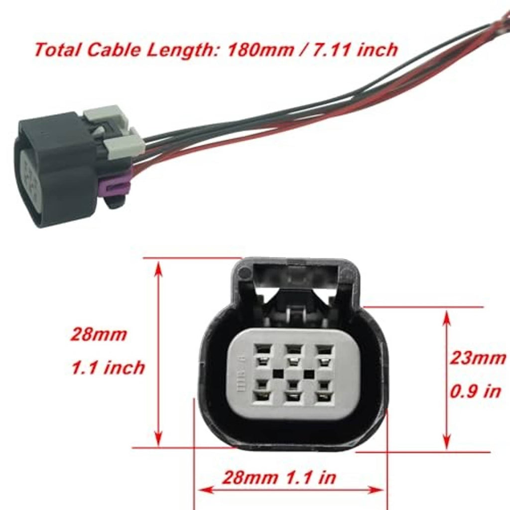 6-pin wiring harness connector with dimensions, black housing, and 180 mm cable length