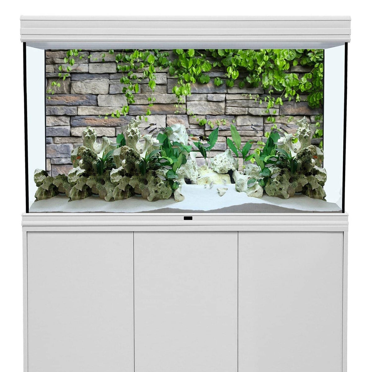 Aquarium wall vinyl backdrop showing gray stone bricks with green ivy cover