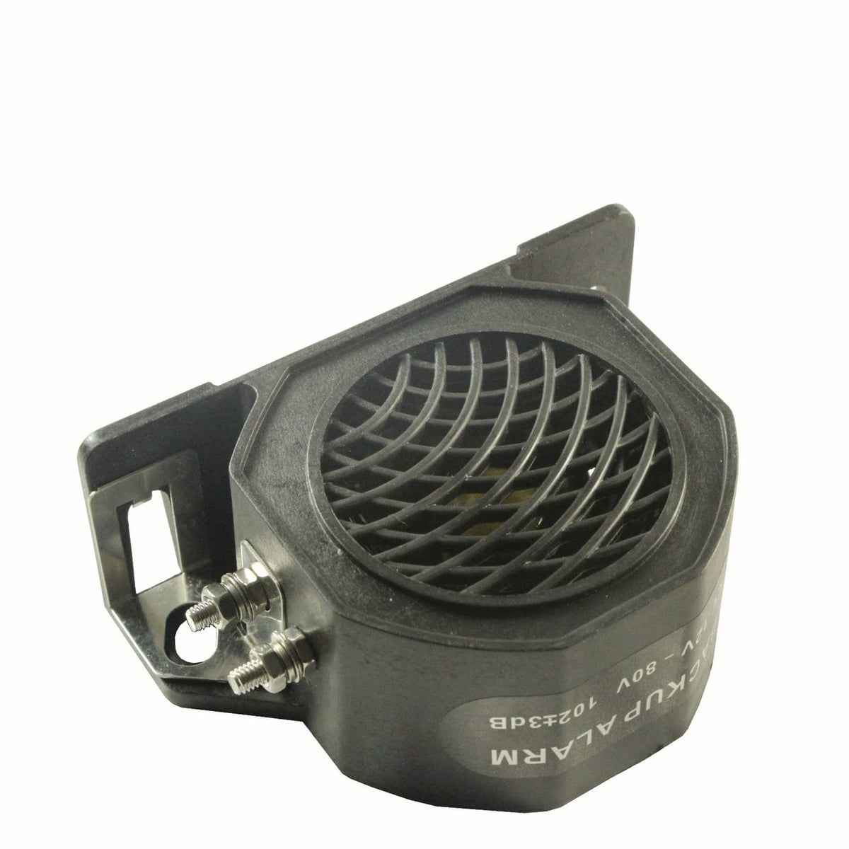 Reverse alarm buzzer horn underside/side view with circular grille and terminals