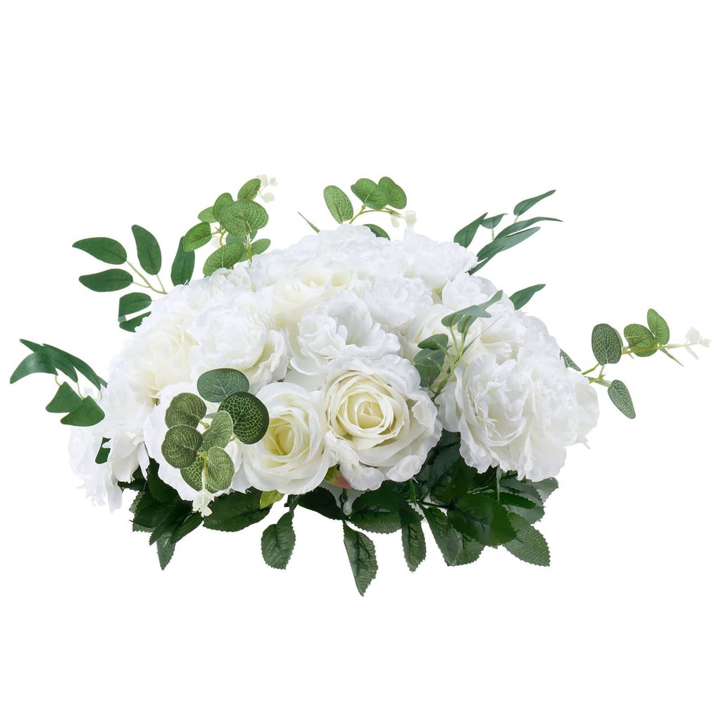 Close-up artificial white rose flower ball with green eucalyptus leaves and stems
