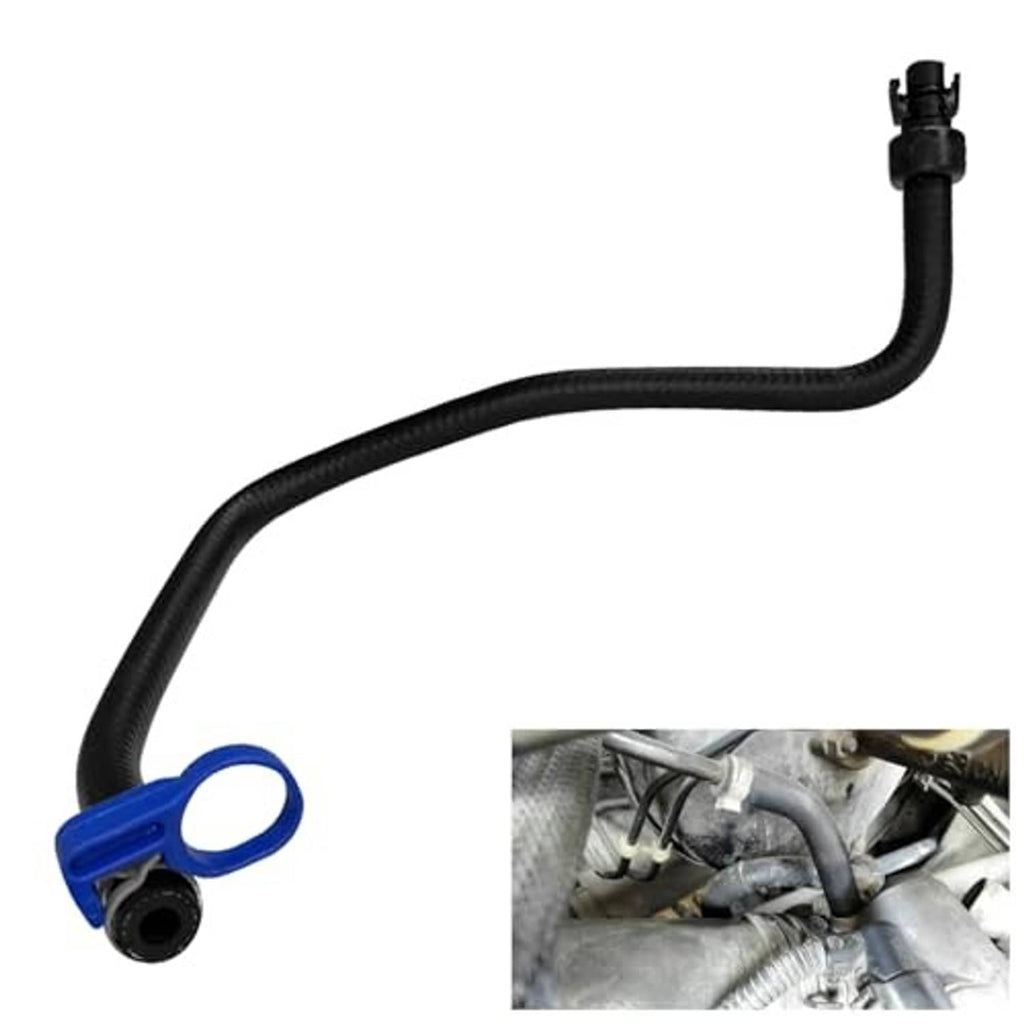 Black coolant hose assembly with blue mounting ring and connector at the top