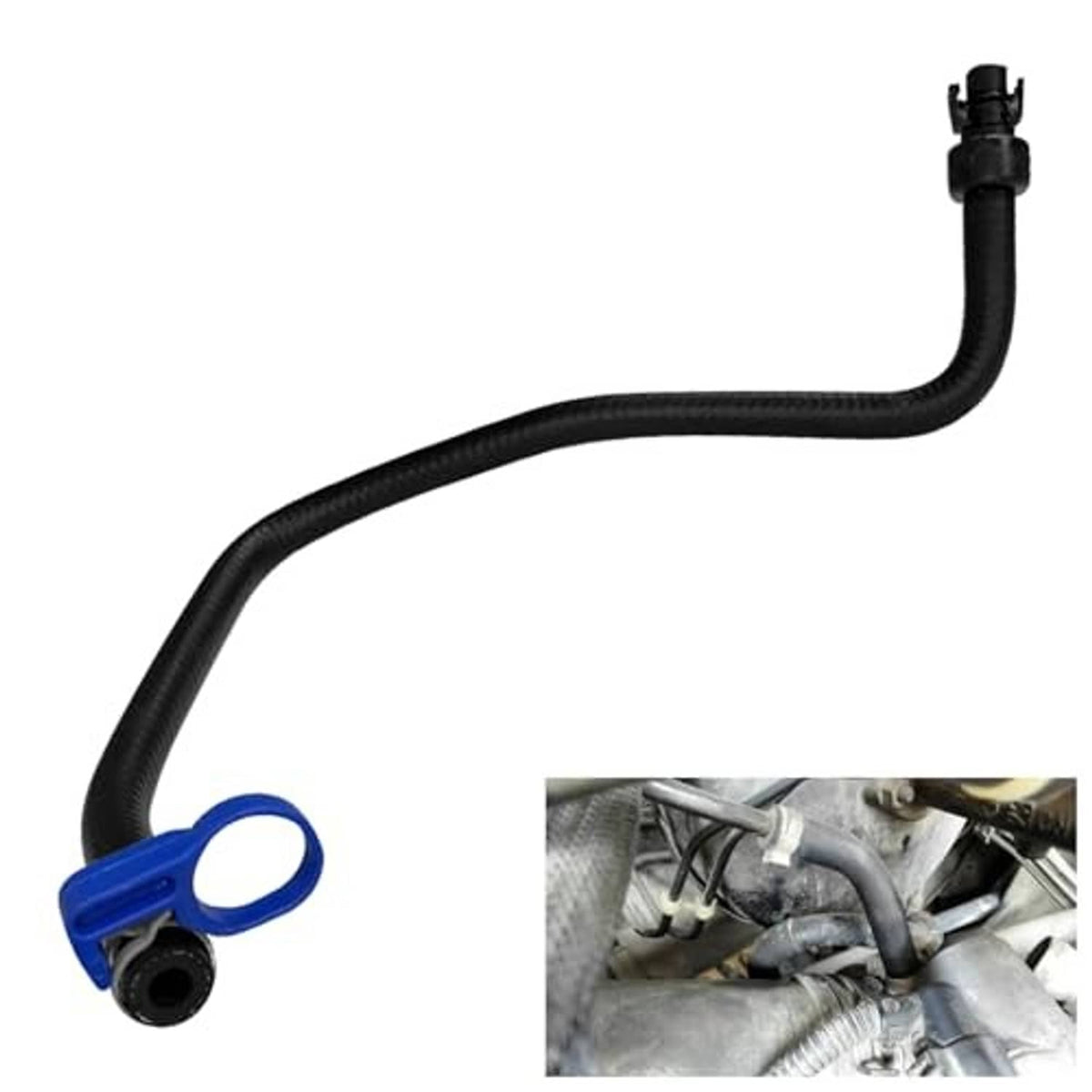 Black coolant hose assembly with blue mounting ring and connector at the top