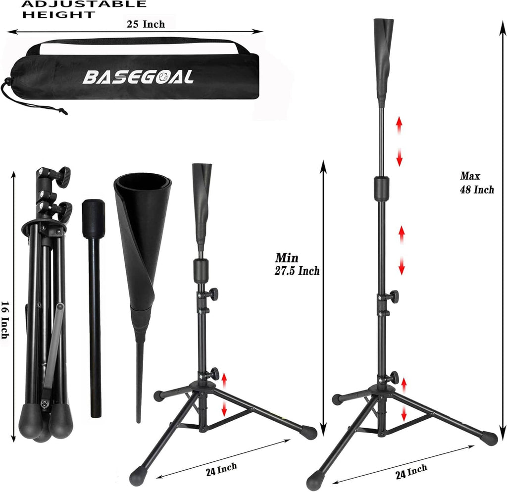 Height-adjustable baseball tee tripod stand with carry bag, min 27.5 in, max 48 in.
