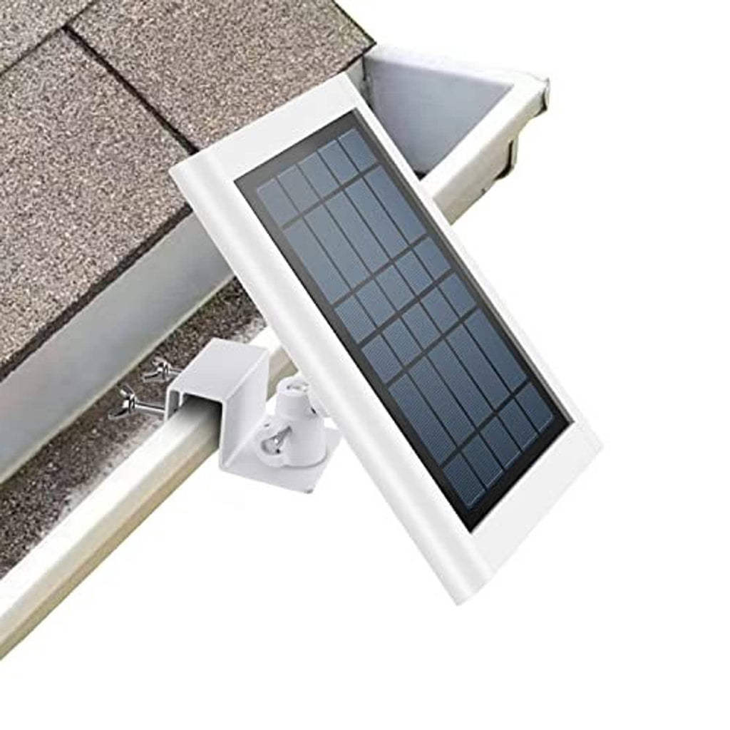 White gutter solar panel mount holding a small solar panel with mounting arms