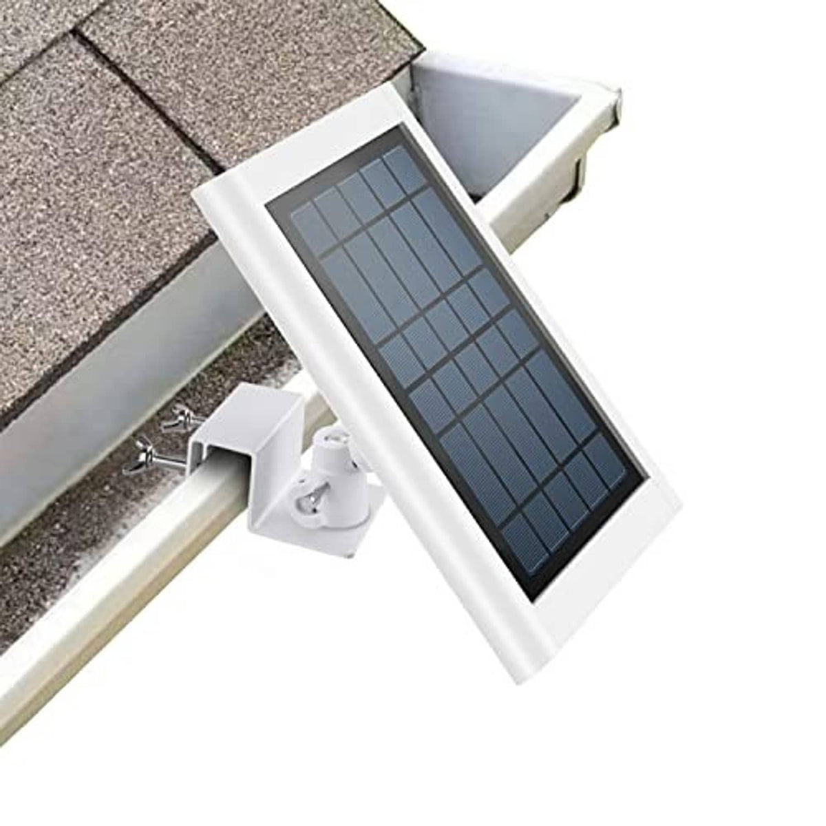 White gutter solar panel mount holding a small solar panel with mounting arms