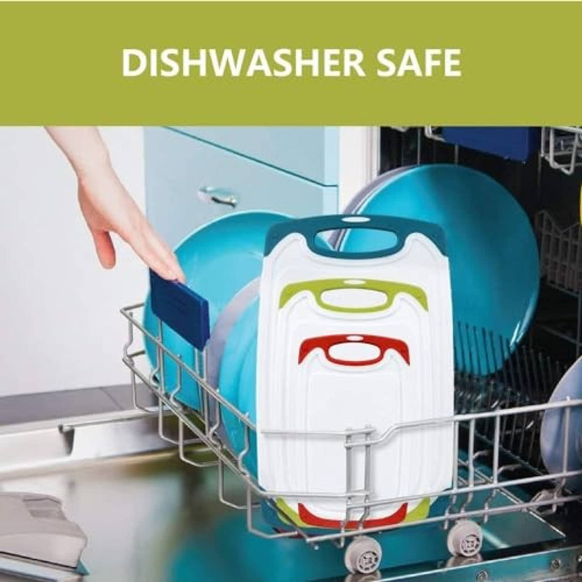 Dishwasher-safe plastic cutting board set of 4 in a dishwasher rack