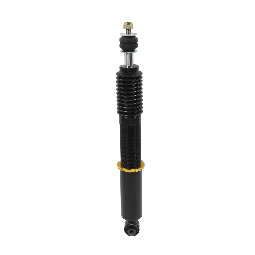 Single coilover shock with black body, gold trim, and adjustable top cap