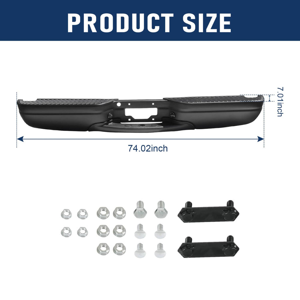 Black rear step bumper assembly with license plate opening and included hardware