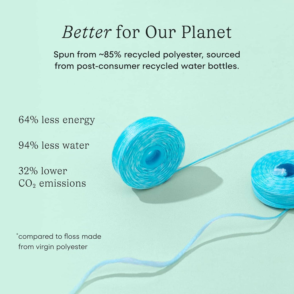 Blue woven dental floss roll with sustainability claims for recycled materials.