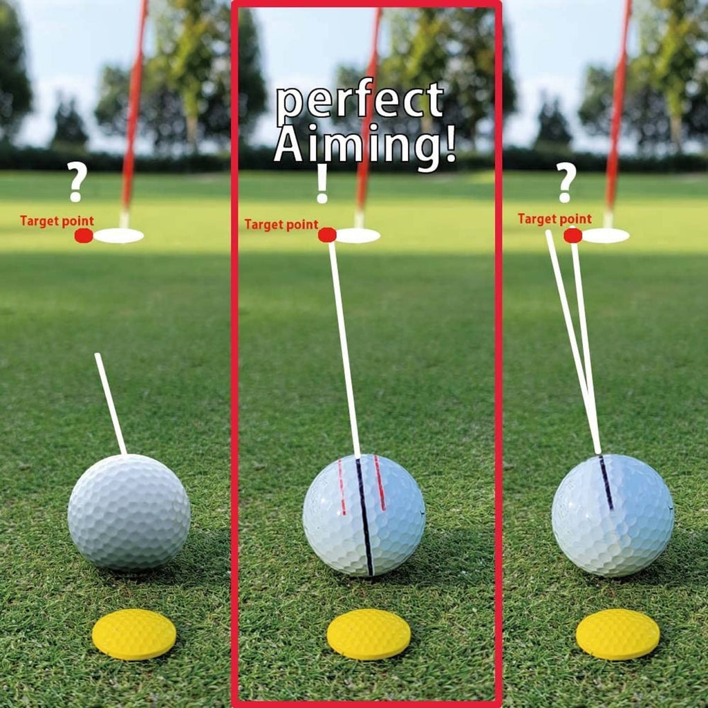 Golf ball alignment tool showing target lines on a golf ball and yellow tee markers