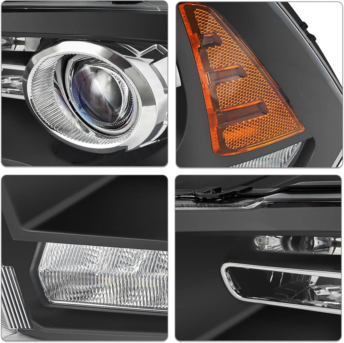 Close-up view of black projector headlight lens, amber insert, and chrome reflector