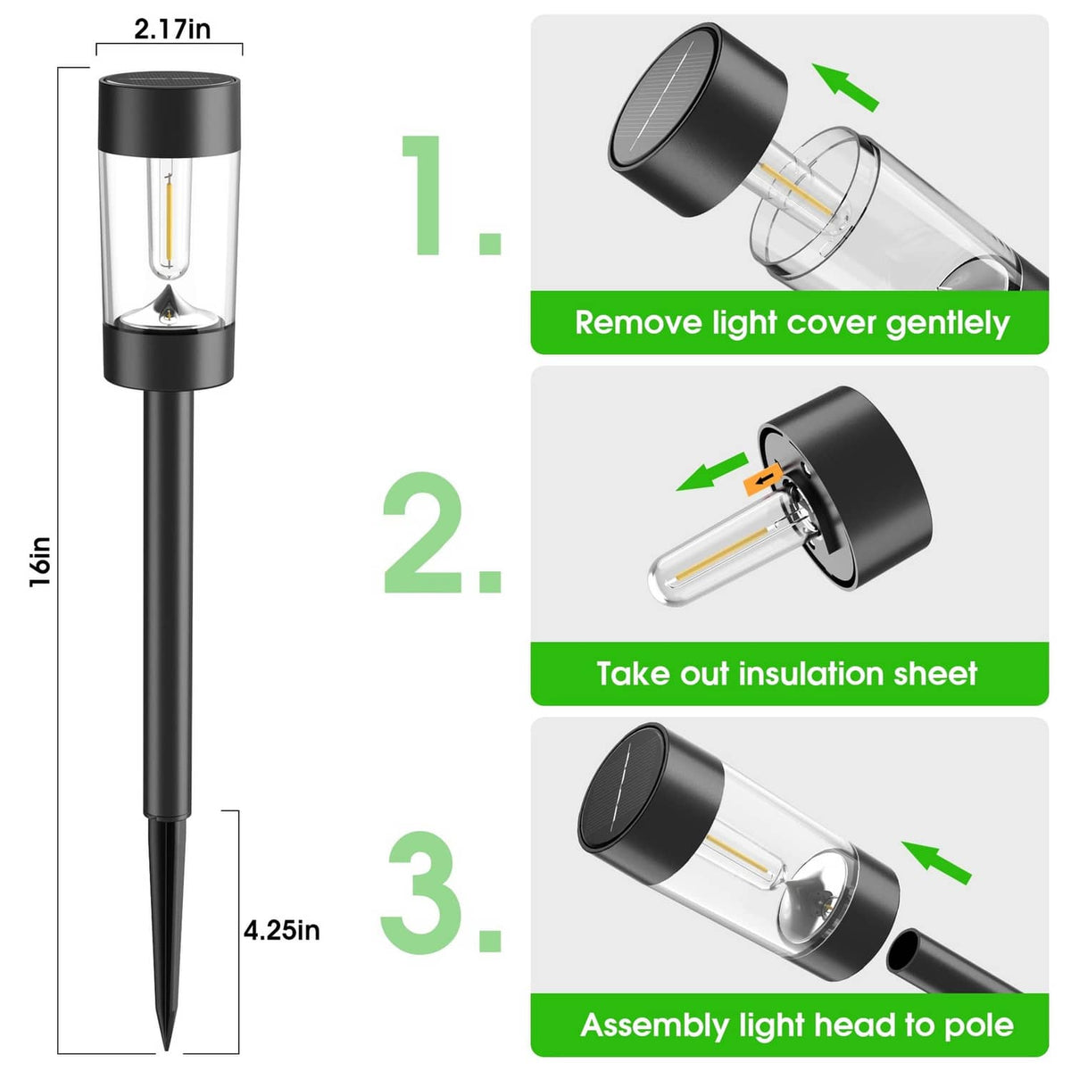 Black solar pathway light with clear lamp tube on pole; size and assembly diagram