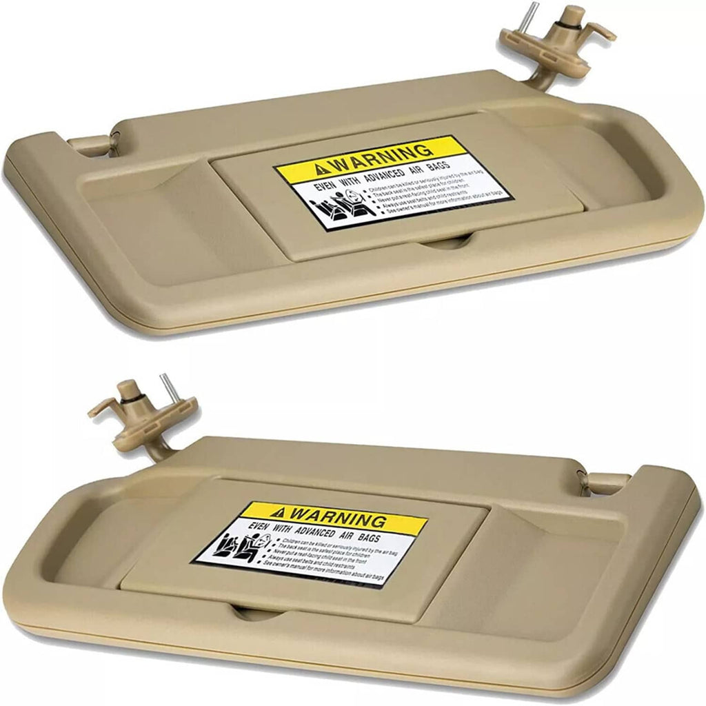 Beige pair of car sun visors with warning labels and mounting posts