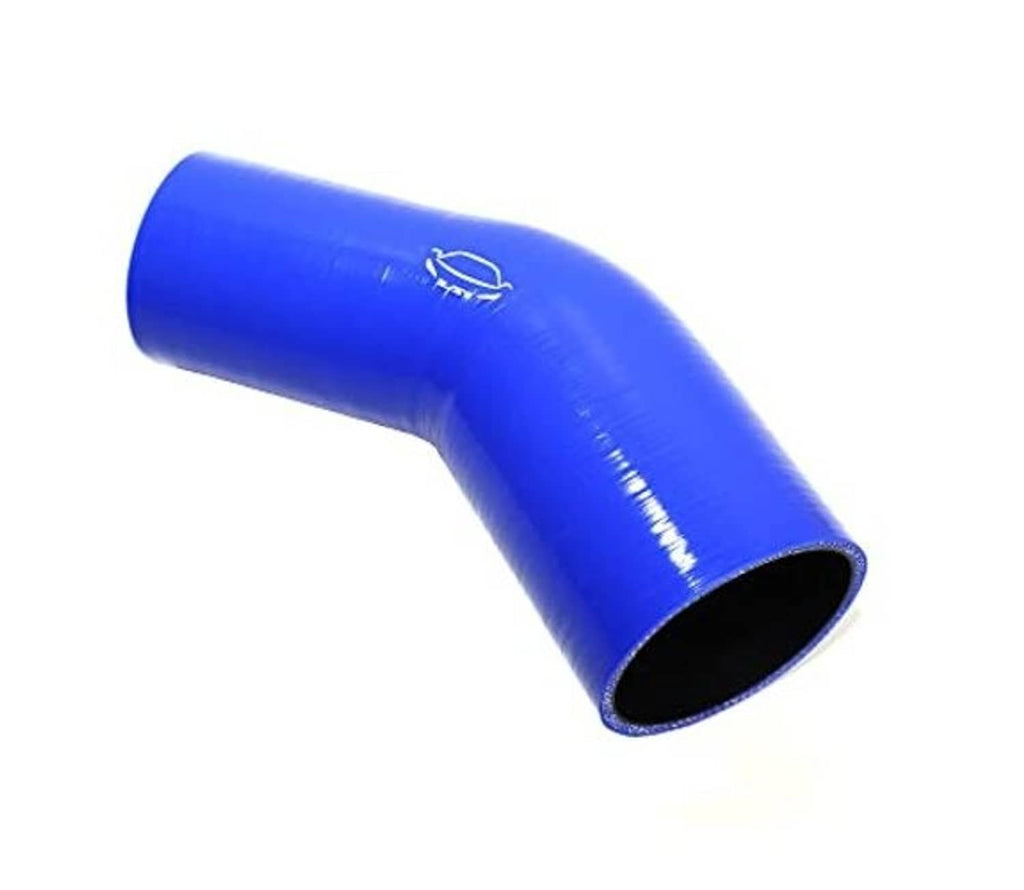 Blue 45-degree silicone elbow reducer coupler, angled body with black end opening