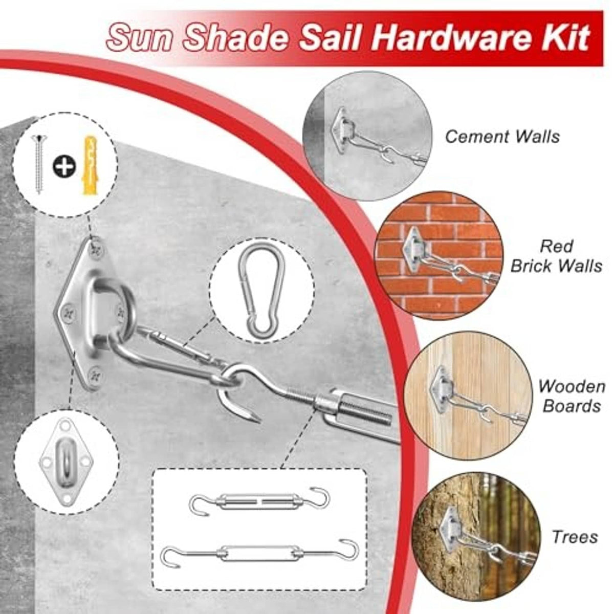Sun shade sail wall-mount hardware with metal plates, hook rings, and mounting components