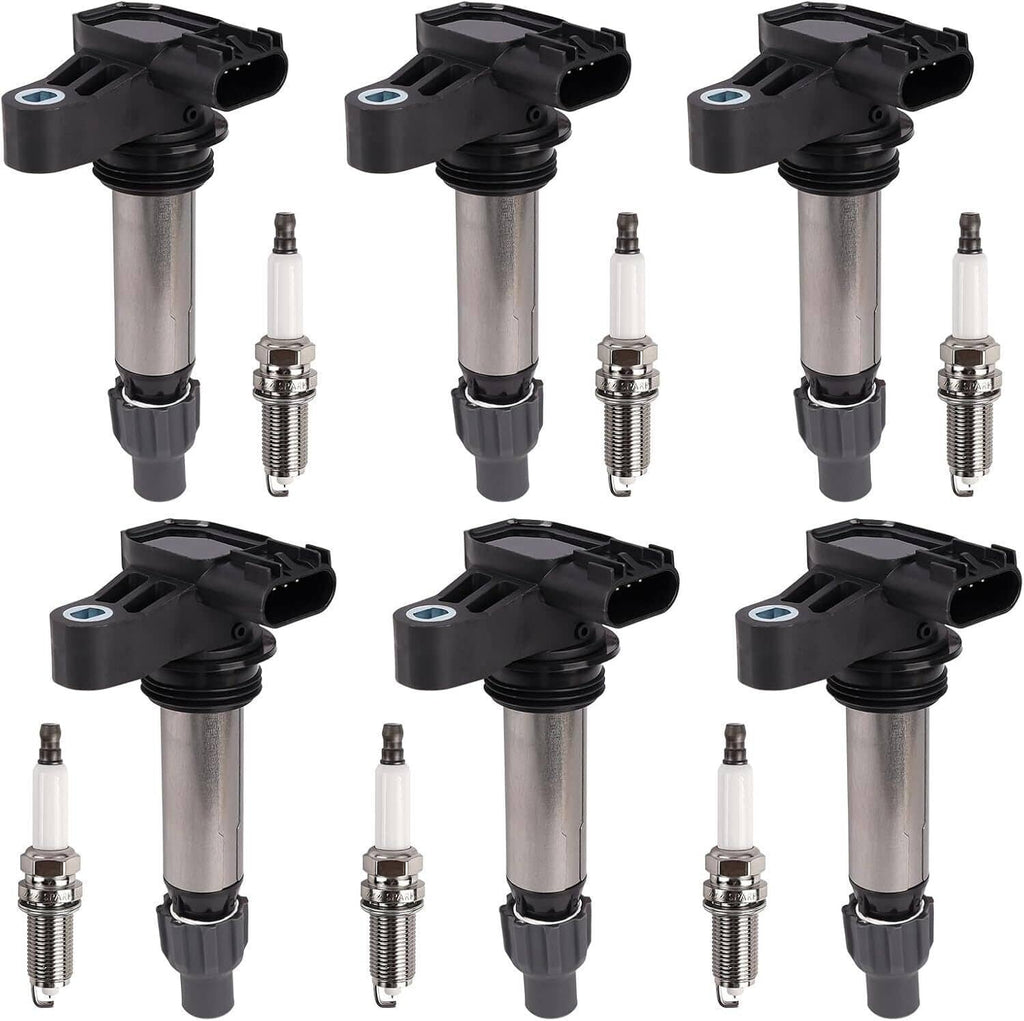 Ignition coil and spark plug set (6 pieces), angled view of black and silver units