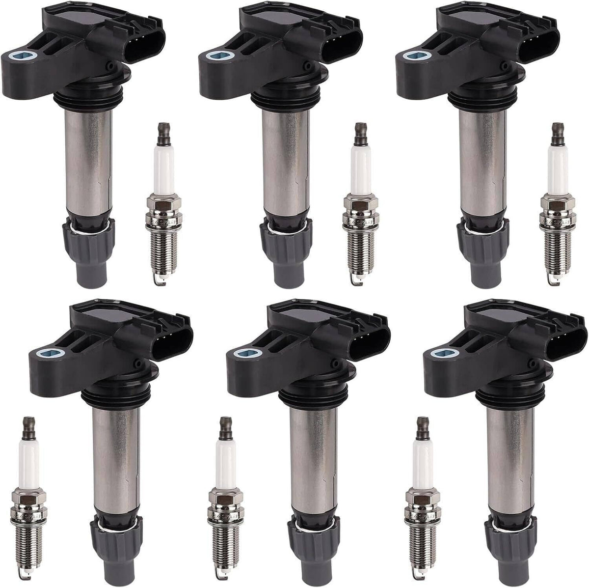 Ignition coil and spark plug set (6 pieces), angled view of black and silver units