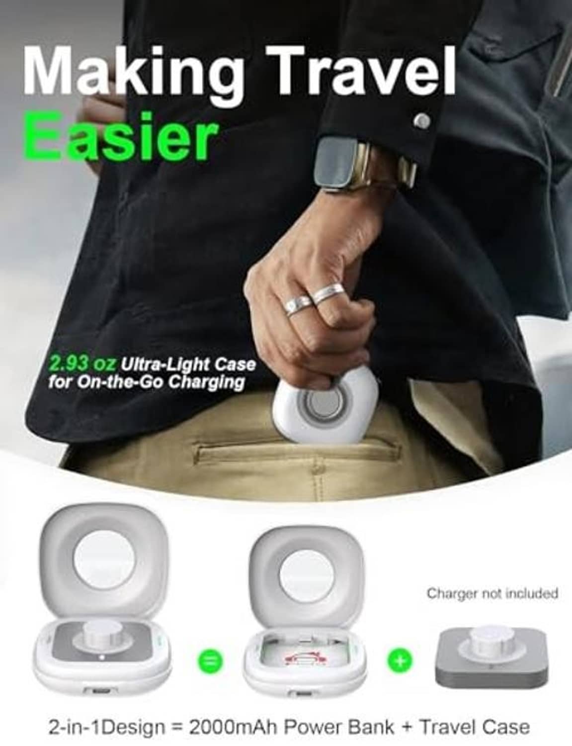 White compact wireless charging case held open for on-the-go charging