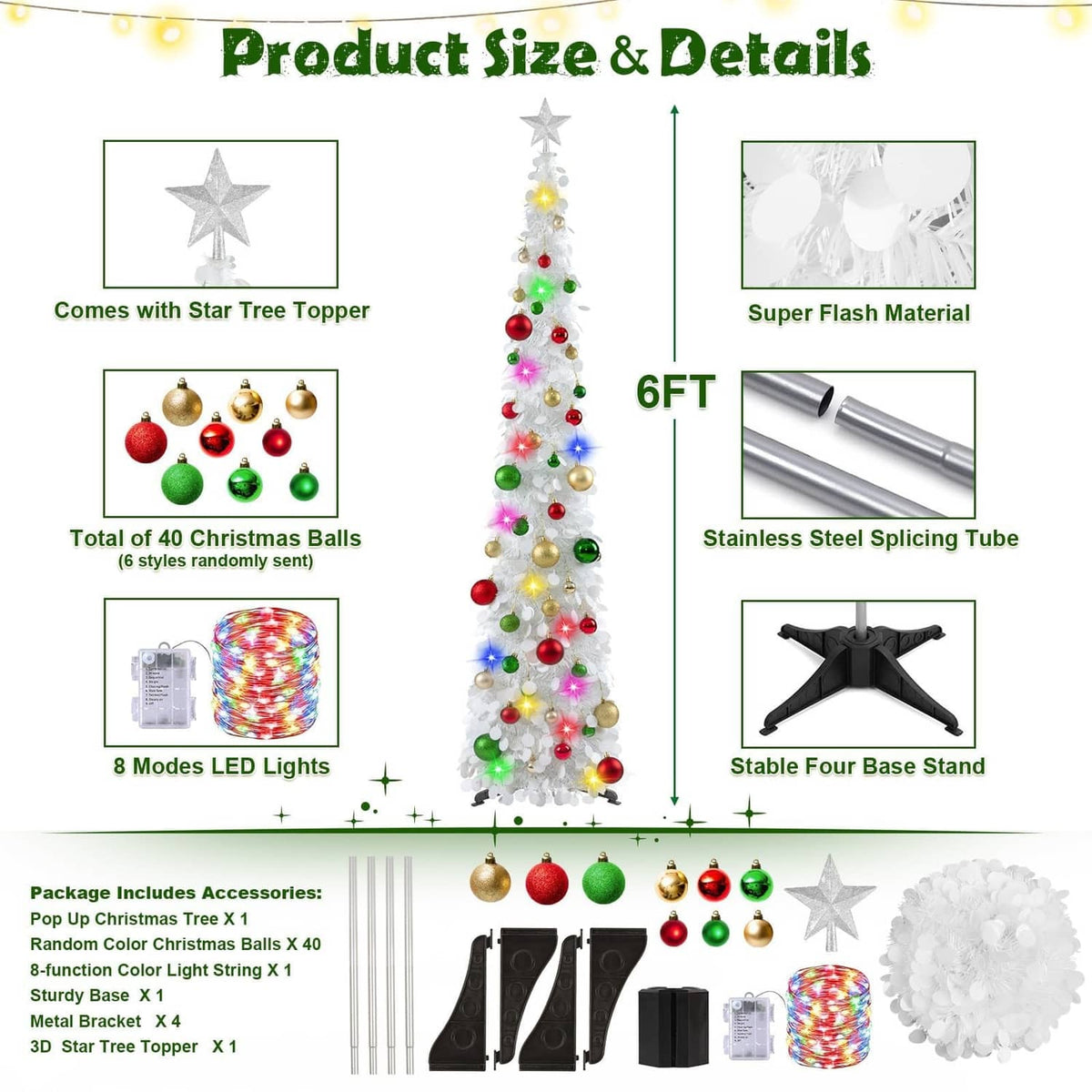 6ft white pop-up Christmas tree kit with star topper, LED lights, ornaments, and base stand