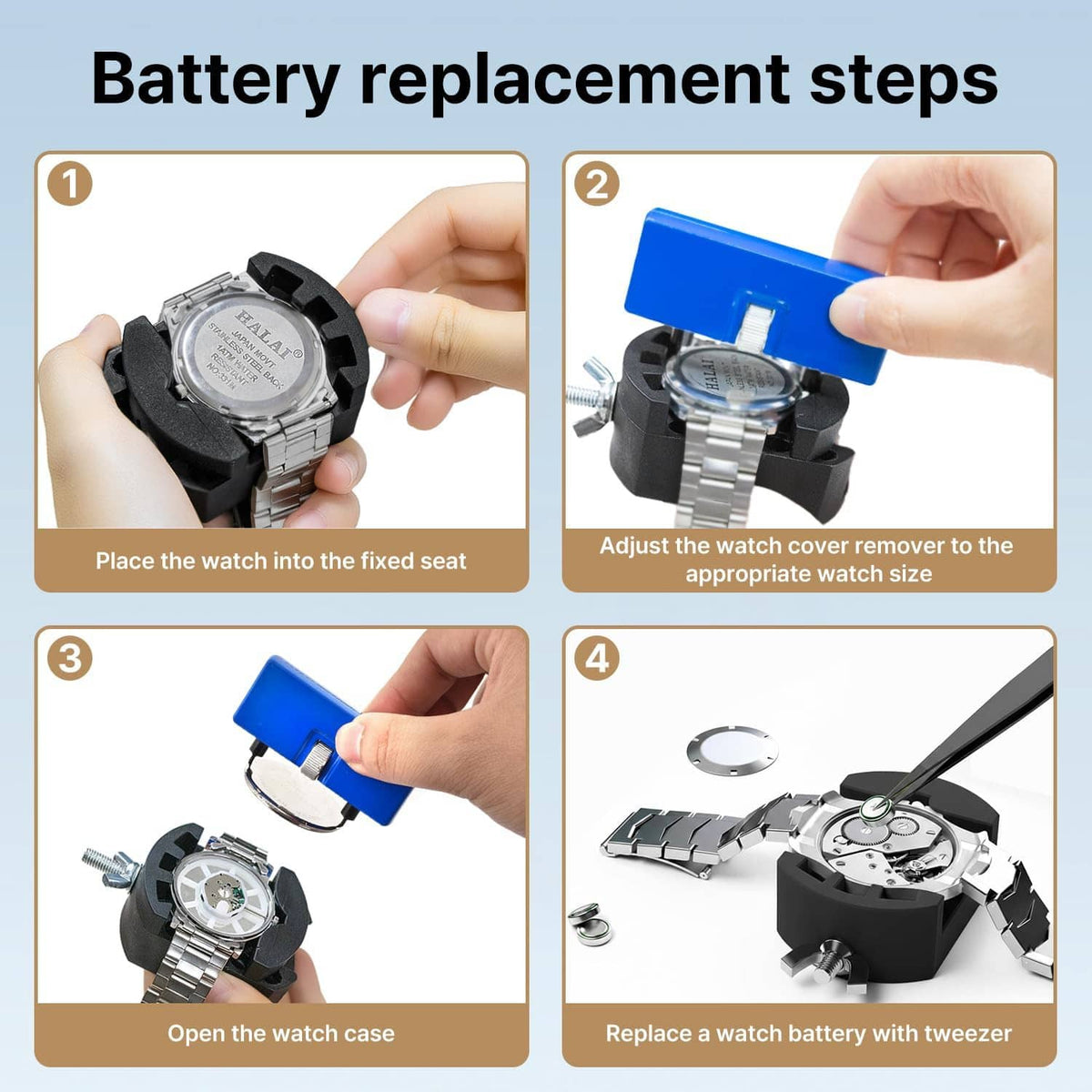 Watch battery replacement steps showing watch case opened and battery replaced with tweezers