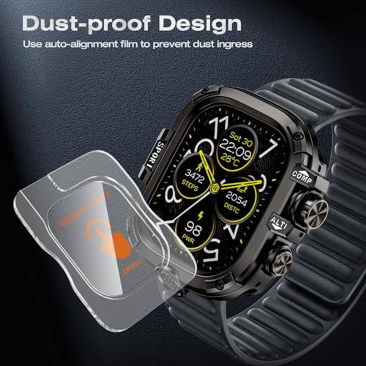 Black 49mm watch case with clear screen protector shield on curved glass