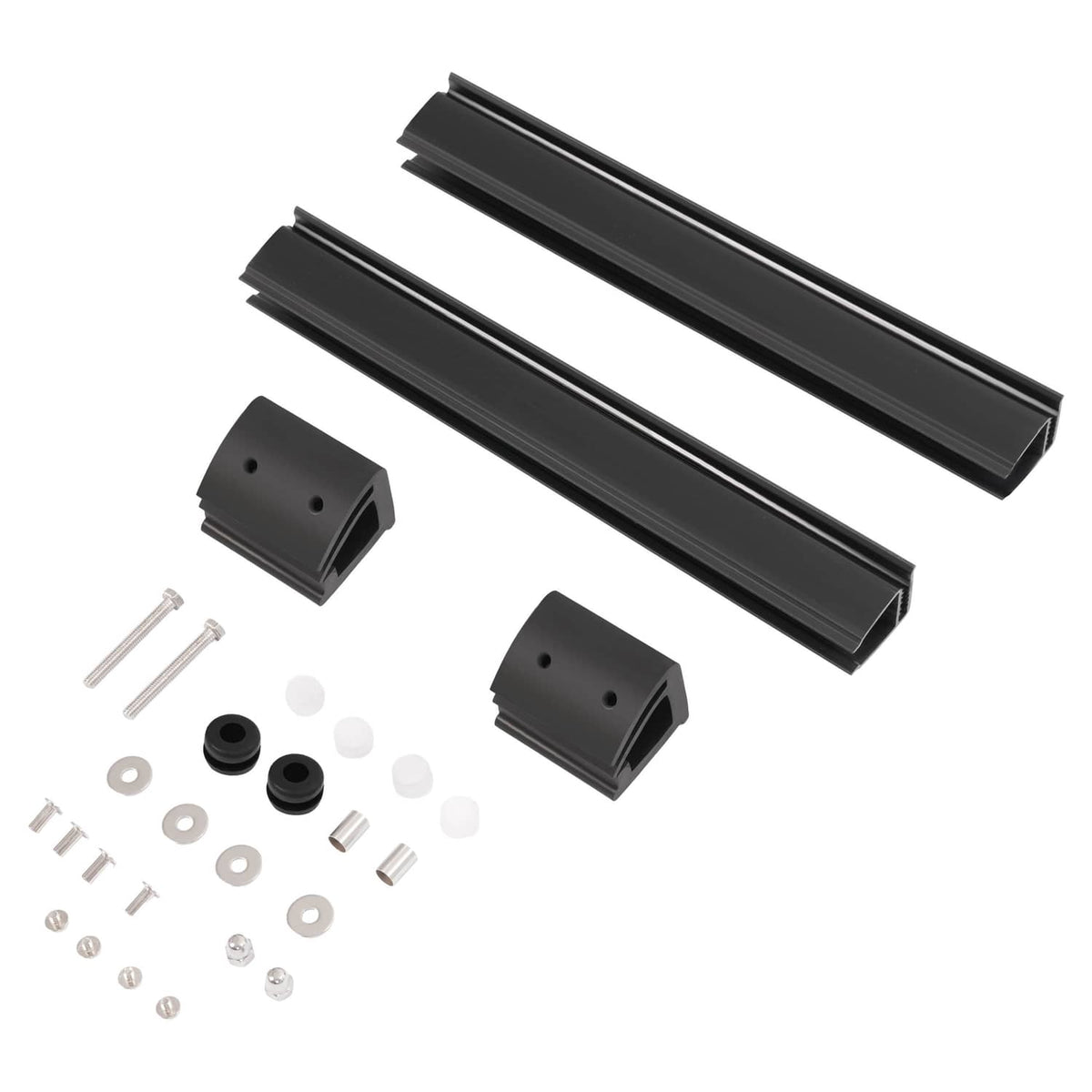 Windshield mounting hardware set with black rails, brackets, and screws.