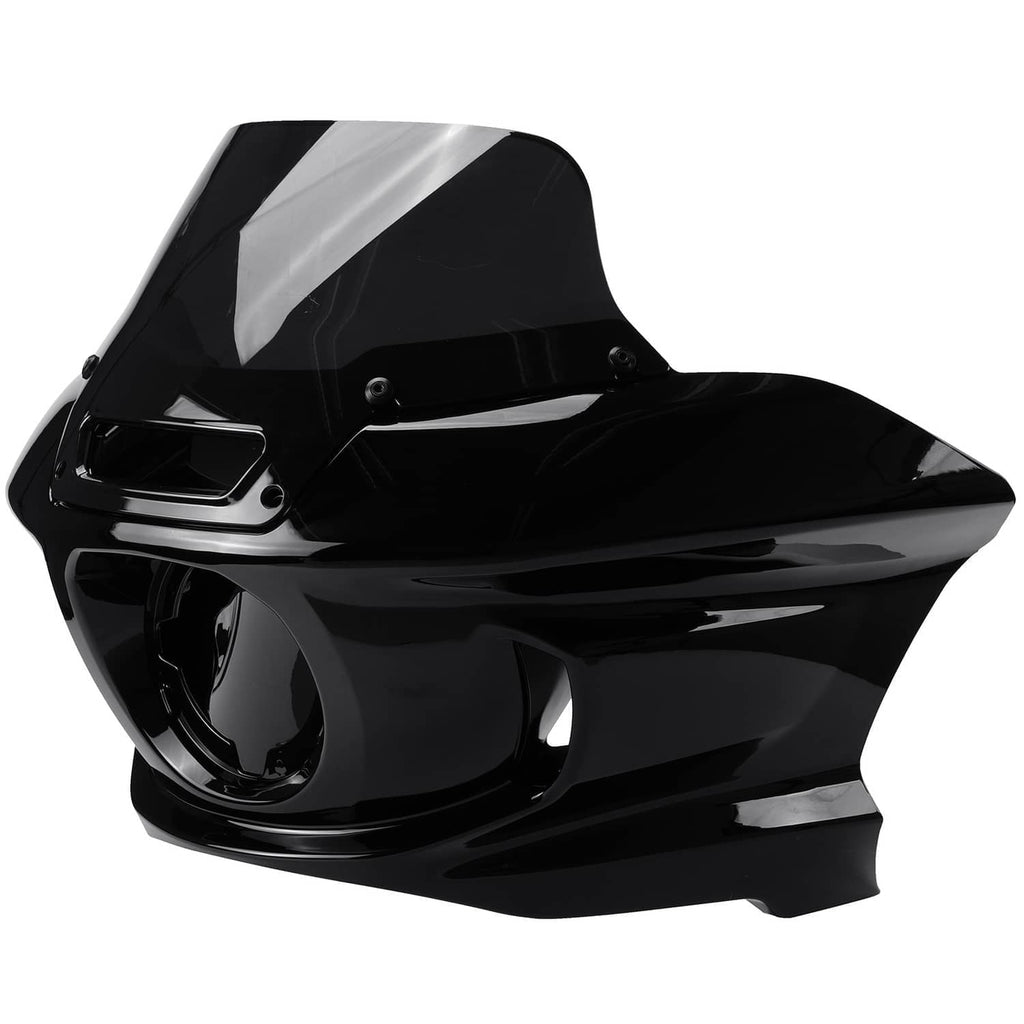 Side view of black headlight fairing with tinted windshield and support bracket