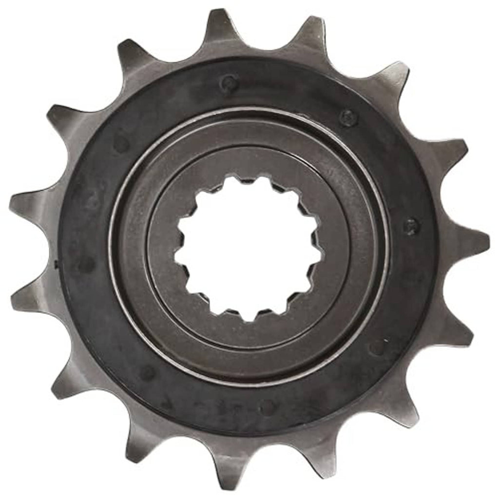 15-tooth motorcycle front sprocket, dark outer face with splined hub