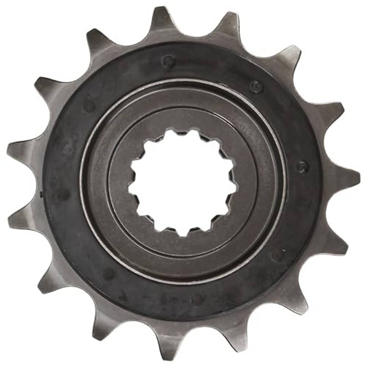 15-tooth motorcycle front sprocket, dark outer face with splined hub