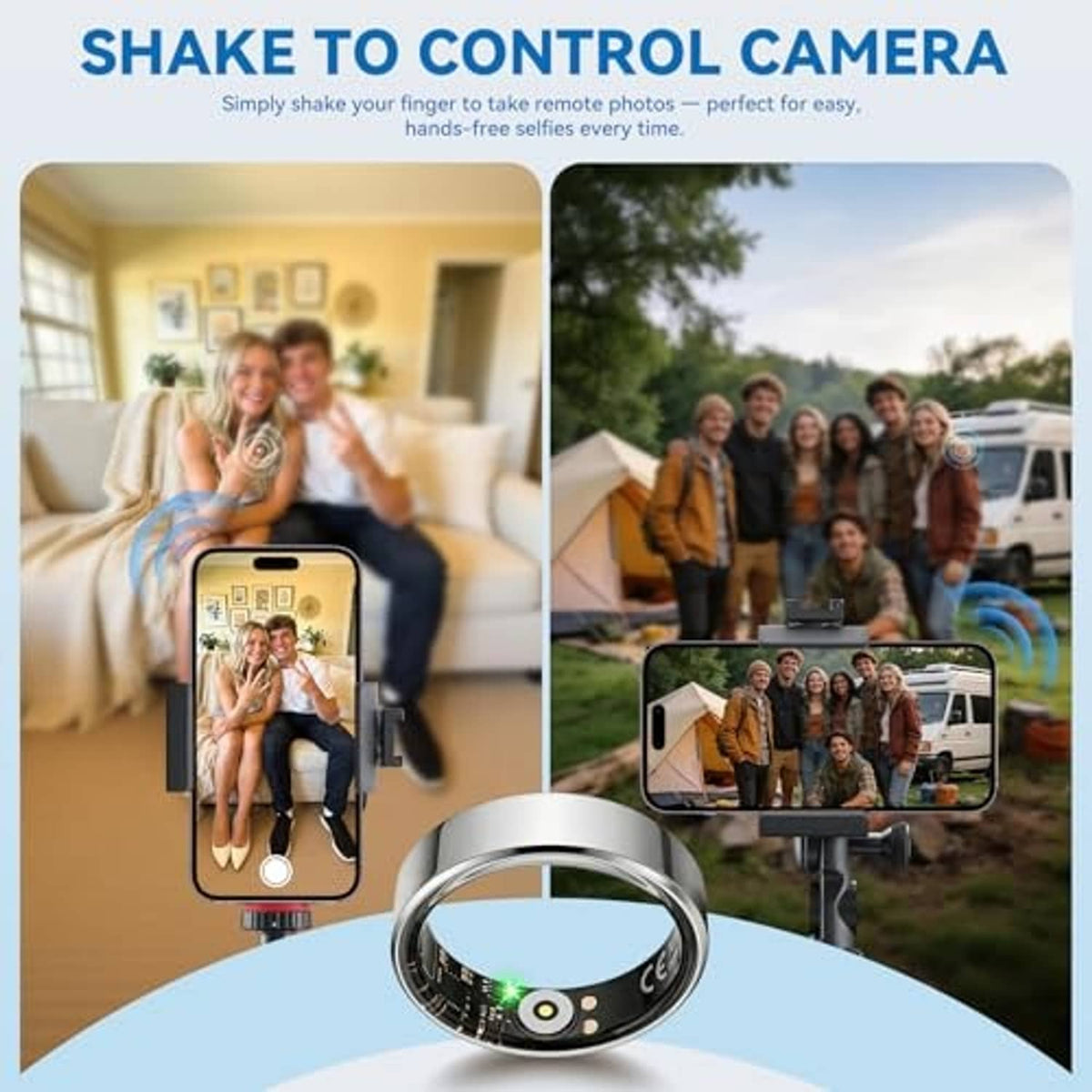 Silver-tone smart fitness tracker ring near a smartphone for camera control