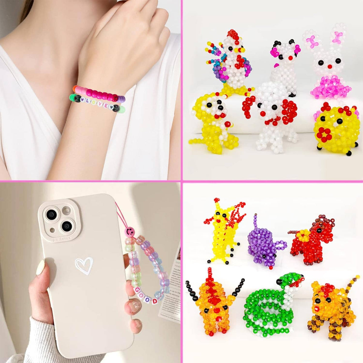 Handmade beaded bracelets and animal bead designs with colorful pony beads