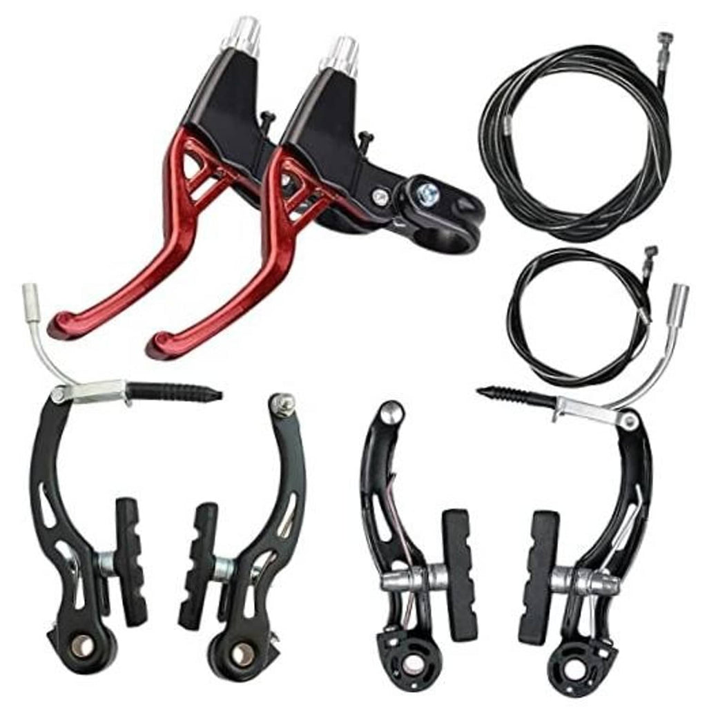 Bicycle rim brake set with red and black calipers and two black brake cable sets
