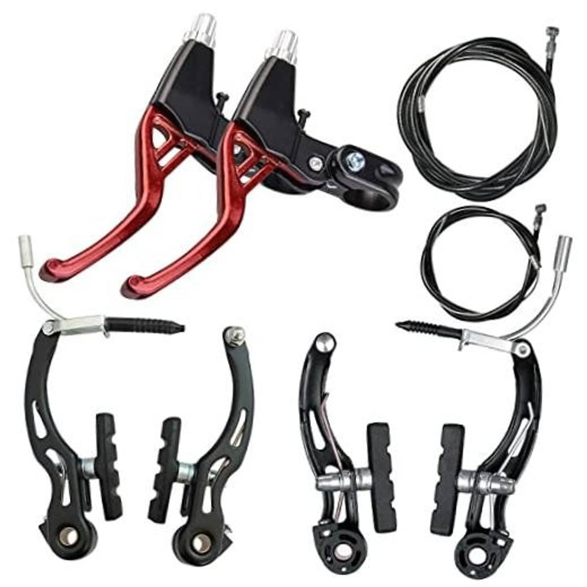 Bicycle rim brake set with red and black calipers and two black brake cable sets
