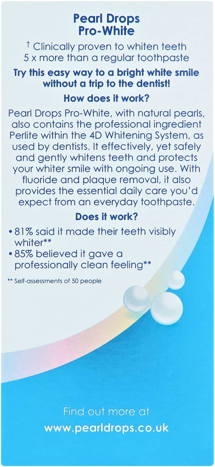 Pearl Drops pro-white whitening tooth polish box back panel with whitening claims