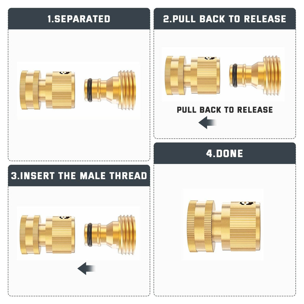 Brass quick-connect coupler parts shown disassembled and assembled with threads