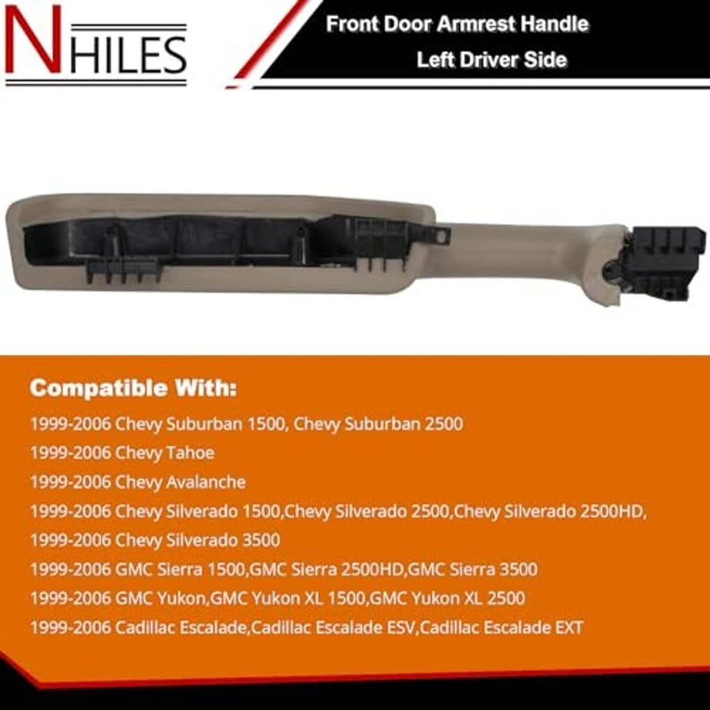 Beige front door armrest handle with exposed black mounting base and tabs